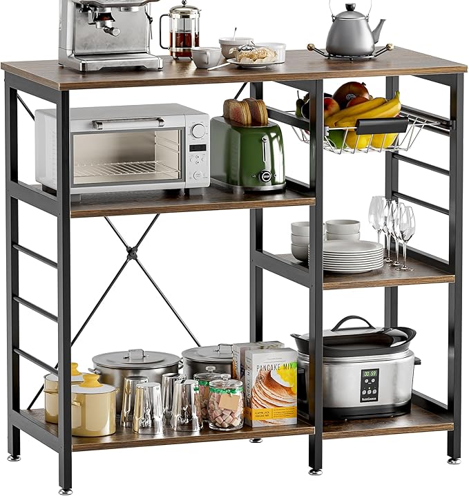 Baker’s Rack, Microwave Oven Stand with Bamboo Frame, 35.43" Coffee Bar with Wire Basket & 6 Hooks, 3-Tier Kitchen Storage Shelf Stand for Kitchen, Living Room, Office, Rustic Brown