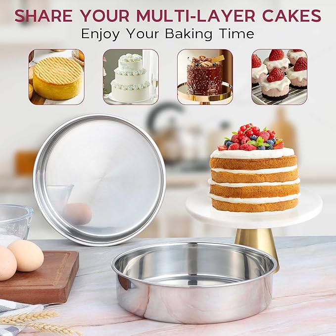 Onader 8 Inch Round Cake Pan, Stainless Steel Baking Pan Set of 3, Birthday Wedding Cake Tin