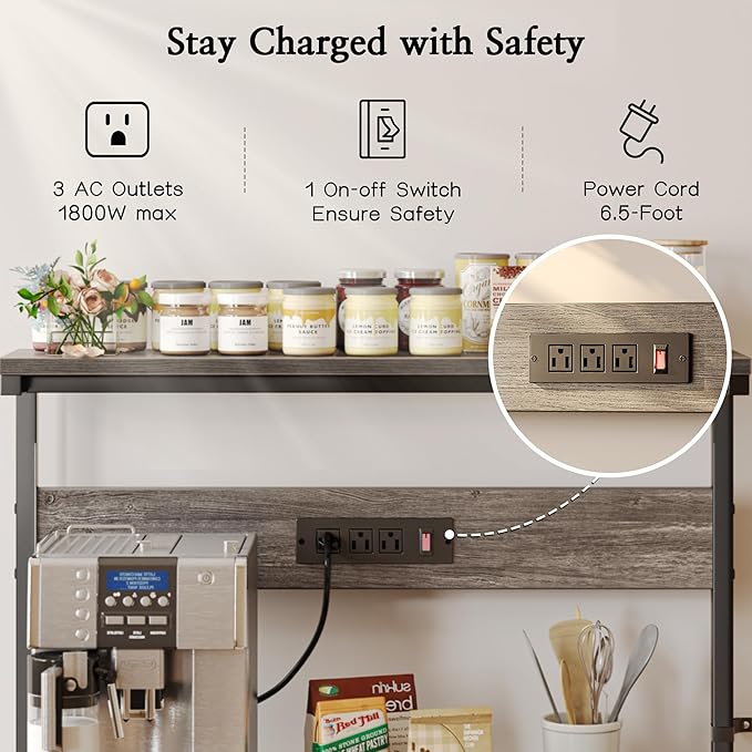 SUPERJARE Bakers Rack with Power Outlets, Microwave Stand, 31.5 X 16.5 Inch Larger Desktop, Kitchen Storage Rack with Adjustable Middle Shelf, 6 S-Shaped Hooks, Coffee Bar Stand, Grey