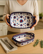 Ceramic Baking Dish Set of 2 – Decorative Polish Pottery Style Casserole Dishes with Handles, Cute Oven-Safe Lasagna Bakeware Gift Set