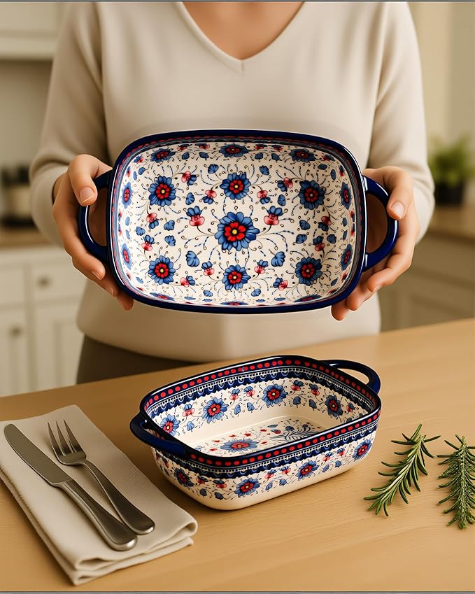 Ceramic Baking Dish Set of 2 – Decorative Polish Pottery Style Casserole Dishes with Handles, Cute Oven-Safe Lasagna Bakeware Gift Set