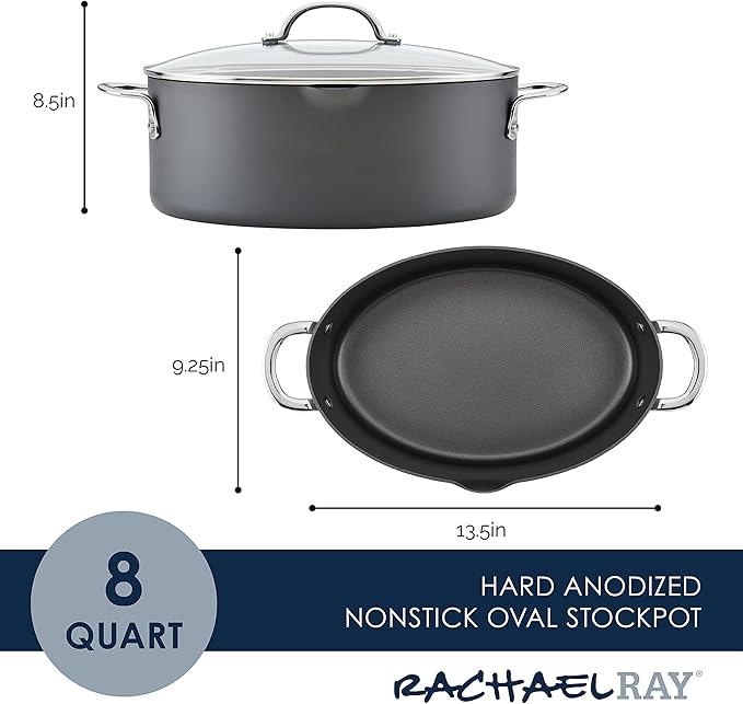 Rachael Ray 80090 Professional Hard Anodized Nonstick Cookware Oval Pasta Pot/Braiser, 8 Quart - Gray
