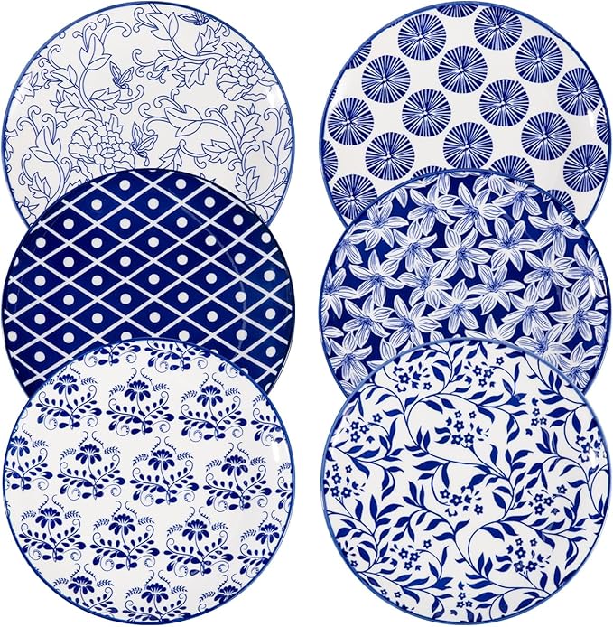 Sweejar Ceramic Dinner Plates Set, 8 Inch Porcelain Dessert Plates, Microwave & Dishwasher Safe Cake Plate for Salad, Pasta, Meat Steak, Set of 6(Vintage Blue)