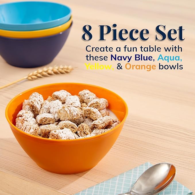 US Acrylic Wheat Straw Unbreakable 28 oz. Stackable Cereal Bowls for Snacks & Ice Cream in Assorted Colors (Set of 8) 6-inch Reusable, BPA-Free, Dishwasher Safe Dinnerware, Made in USA
