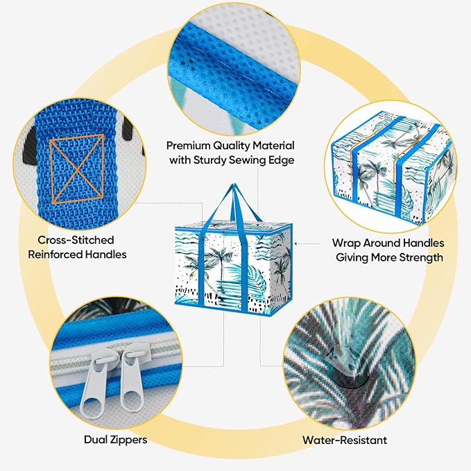 BALEINE 2Pk Insulated Reusable Grocery Bags, Collapsible Cooler Bag for Groceries, Heavy Duty Large Insulated Bag (Island Breeze)