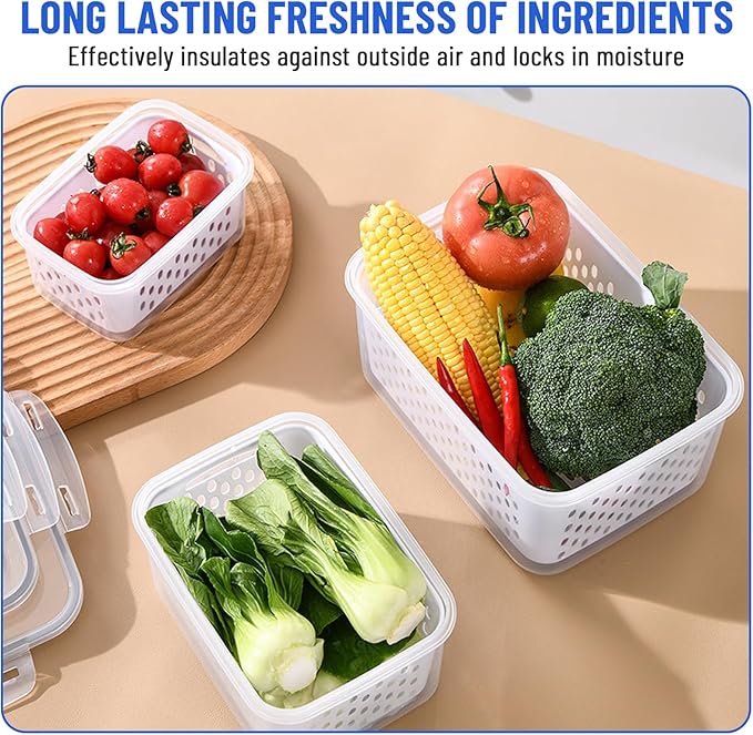 Large Fruit Containers for Fridge - Leakproof Food Storage Containers with Removable Colander - Dishwasher safe Produce Containers Keep Fruits, Vegetables, Berry, Meat Fresh longer (3)