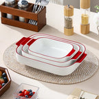 MALACASA Casserole Dishes for Oven, Ceramic Baking Dishes Set of 3, Rectangular Lasagna Pan Deep Baking Pans, Bakeware Sets with Handles Gift Set, White with Red Trim (13.8''/11.7''/9.4''), Series BAKE