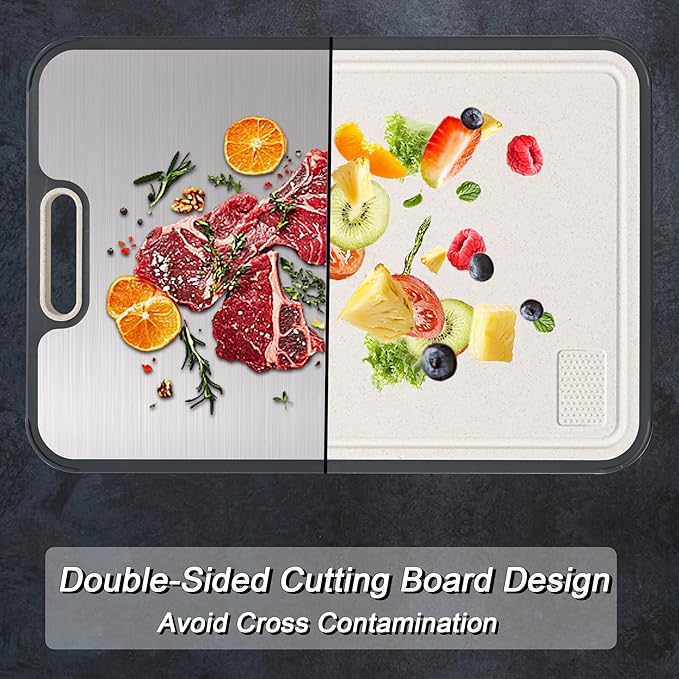 Titanium Cutting Boards for Kitchen, Double Sided Food Grade Cutting Board, Pure Titanium & Wheat Straw PP Chopping Board for Meat, Vegetables and Fruits 15.15×10.43in