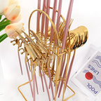 Pink Gold 24Pcs Flatware Set With Stand, Lightweight Dinnerware Set Stainless Steel Cutlery With Pink handles For Home Kitchen Wedding Party And Daily Use,Service For 6, Mirror Polish