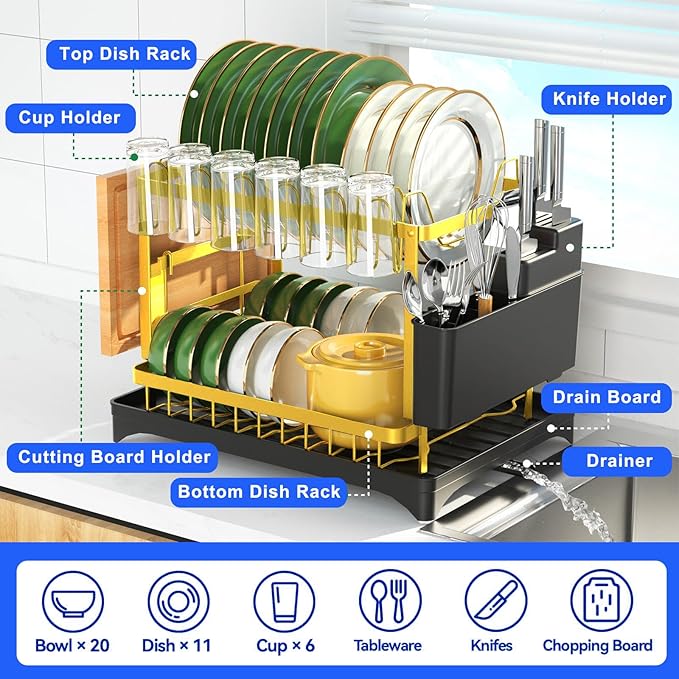 Dish Drying Rack Gold, Multifunctional Dish Racks for Kitchen Counter with Drainboard 2 Tier Dish Drainer Large Capacity for Knifes/Cup/Cutting Board