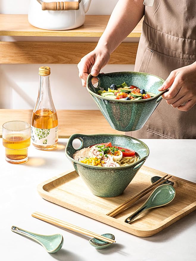 HENXFEN LEAD Japanese Ramen Noodle Bowl Set of 2-30 Oz Large Porcelain Salad Bowls with Chopsticks, Soup Spoons and Rests, Kitchen Serving Dishes for Pho, Udon