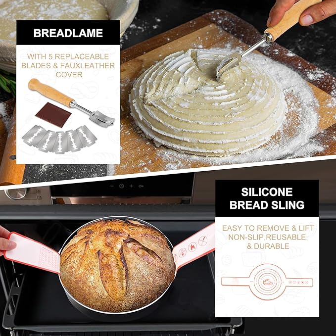 Sourdough Starter Kit - Bread Proofing Basket Set with 9.6" Oval Banneton Baskets x2, Silicone Bread Sling Baking Mat, Whisk Cutter Scraper Lame - Ideal Sourdough Bread Baking Supplies
