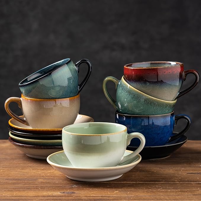 Porcelain Coffee Cup with Saucer Spoon, Vintage Design Ceramic Latte Art Cappuccino Barista Espresso Tea Cup with Saucer (11.6 oz, 350ml, Mist Green)