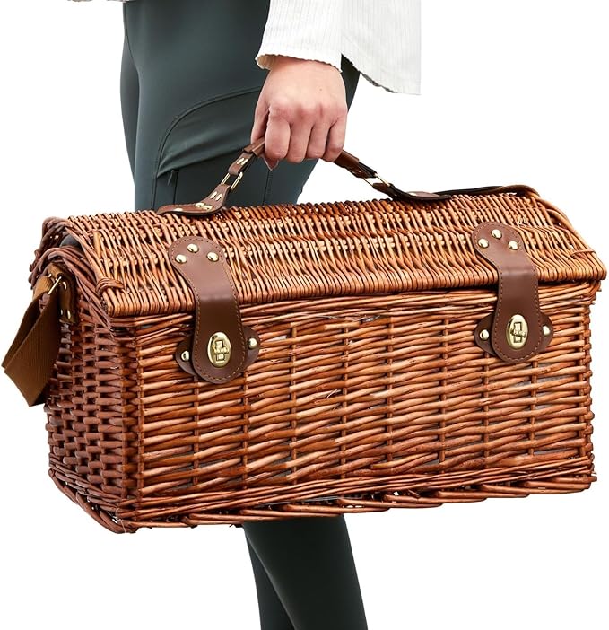 Juvale Picnic Basket for 4 People - 18.1 x 12.2 x 10.2 Inches, Brown, Classic - Complete Wicker Picnic Basket Set with Cooler Bag, Dishes, Utensils & Glasses