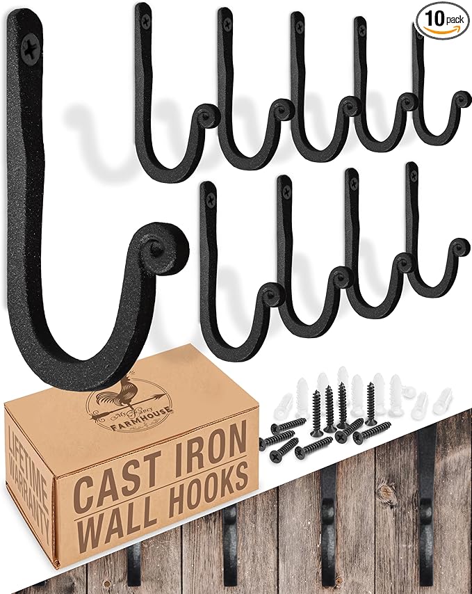 Larger Railroad Spike Cast Iron Hooks (10 Pack) Handmade Blacksmith, Wall Mounted, Farmhouse Decor Cast Iron Wall Hooks, Vintage Hooks for Hanging (Black)