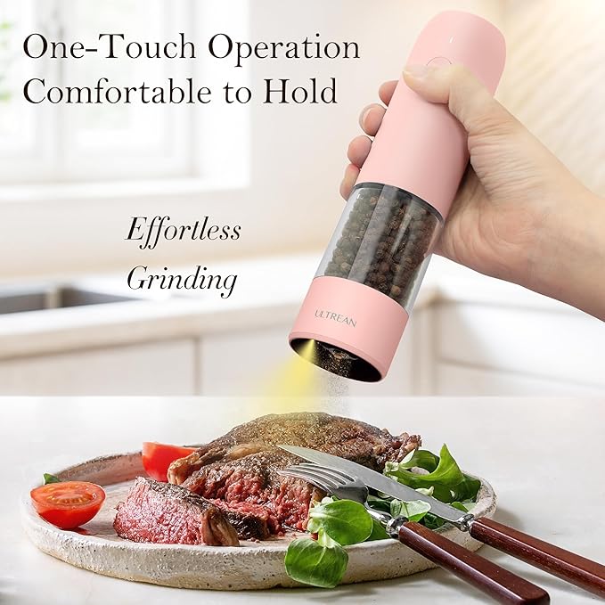 Ultrean Electric Pepper Grinder, Rechargeable Salt and Pepper Grinder with 6 Adjustable Coarseness, LED Light, One-Hand Automatic Operation, Pink