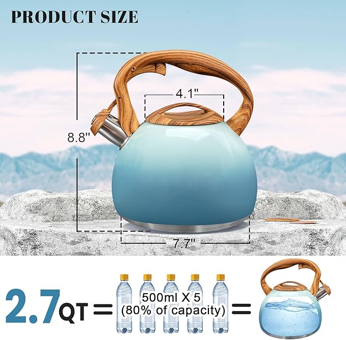 GGC Tea Kettle for Stove Top, 3.1QT/3L Whistling Tea Kettles for Boiling Water Coffee or Milk, Gradient Gray Tea Pot with Wood Parttern Handle, Stainless Steel Tea Pot for Home and Kitchen