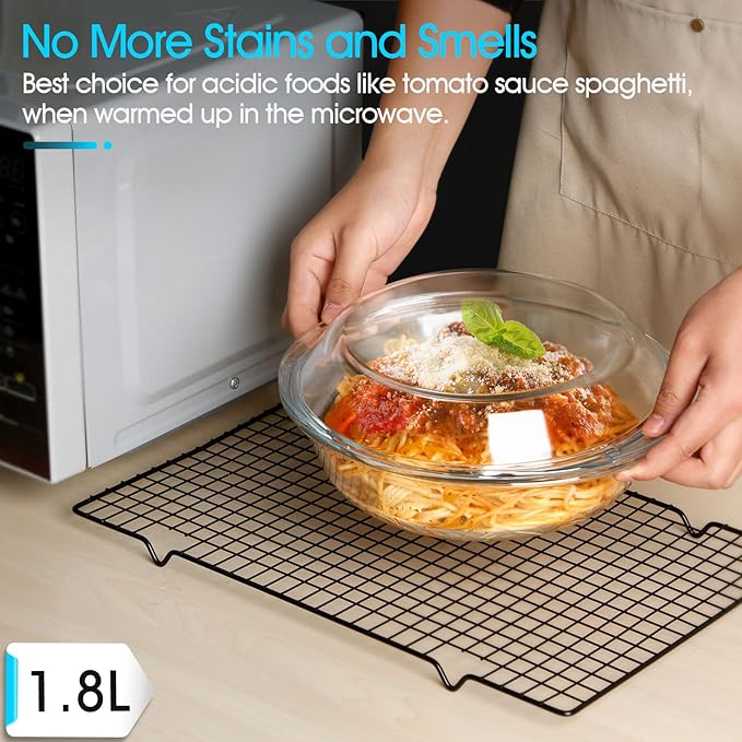 Mini-9 inch (60 OZ) Round Glass Casserole Dish With Lid, Round Oven Safe Glass Bakeware with Handles （1.9 QT）