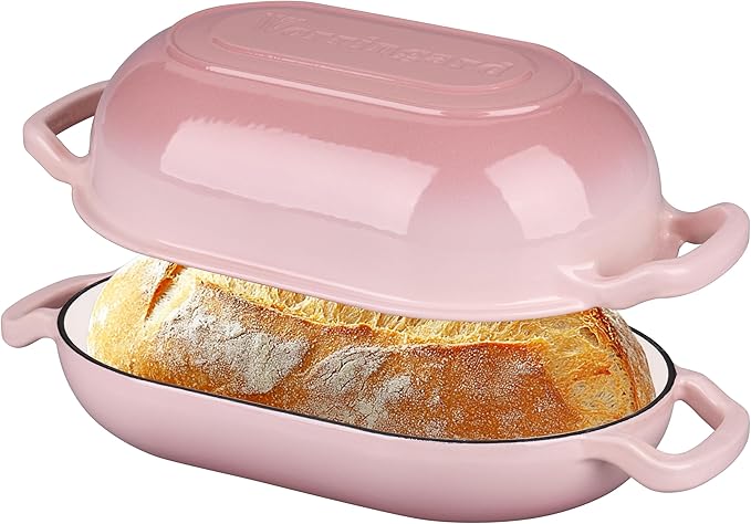 Enameled Cast Iron Sourdough Bread Oven, Dutch Oven, Loaf Cast Iron Bread Pan for Homemade Bread Baking, Meatloaf Pan with Lid, 5QT, Pink