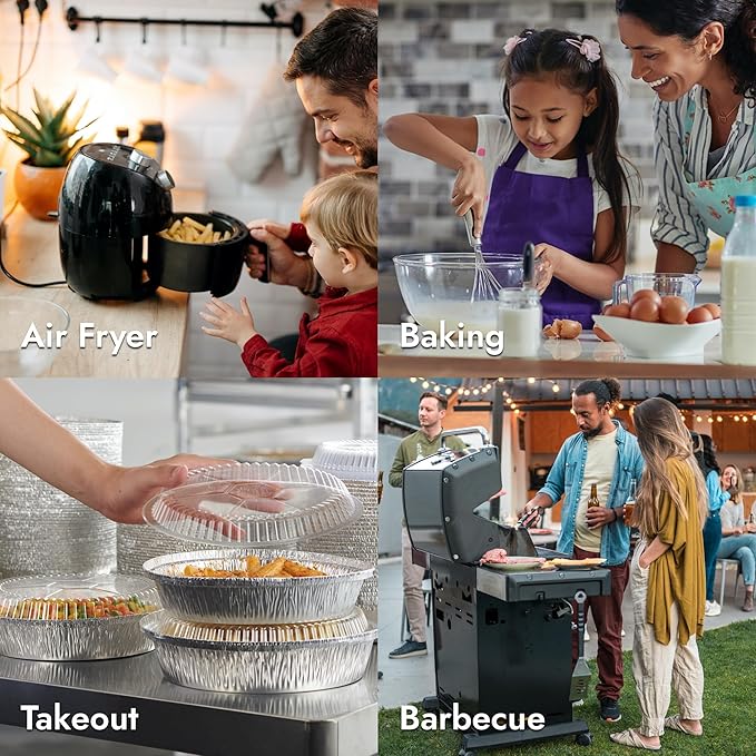 CURTA 7" Round Aluminum Foil Pans with Clear Lids | Heavy Duty | Great for Broiling, Baking, Storage, Roasting, Takeout, Air Fryer | 120 Pack