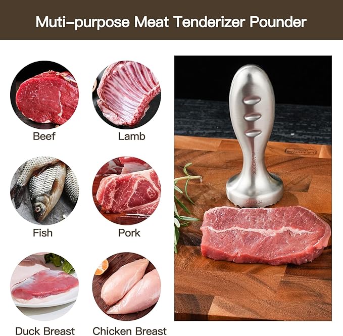 Meat Tenderizer, 304 Stainless Steel Meat Pounder, Meat Mallet for Cooking, Kitchen Tenderizer Tool for Chicken Steck Beef Pork (Dishwasher Safe)