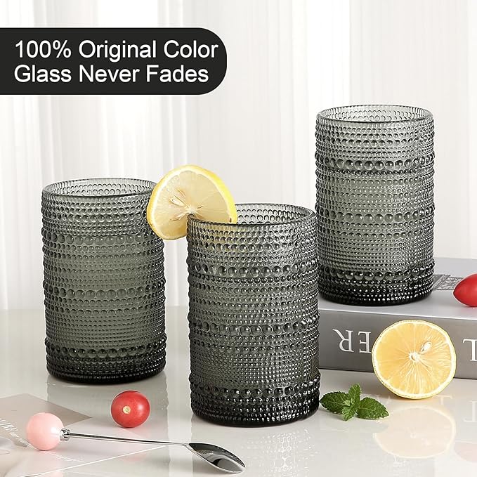 Vintage Glassware Drinking Glasses Set of 6,15 oz Hobnail Glass Cups,Embossed Grey Water Tumbler,for Beer,Cocktail,Whiskey,Juice and Various Mixed Drinks- 1 Cleaning Brush