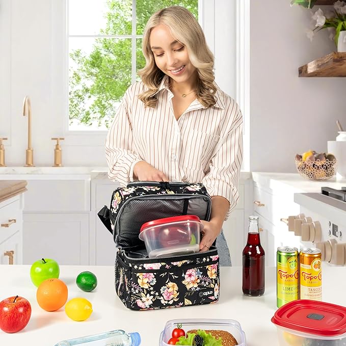 OPUX Lunch Box For Women, Insulated Large Lunch Bag Adult Work, Double Decker Lunchbox Meal Prep, Dual Compartment Leakproof Lunch Cooler, Soft Lunch Pail Tote for Girls Kids School, Floral Black 12L