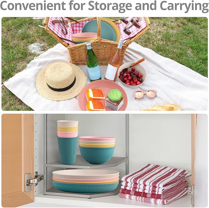 Tanice Plastic Dinnerware Set, 12PCS Outdoor Plates and Bowls Sets, Kids Dinnerware Set for 4, Plastic Dishes Set with Pltaes, Bowls, Cups for Kitchen, Outdoor Camping