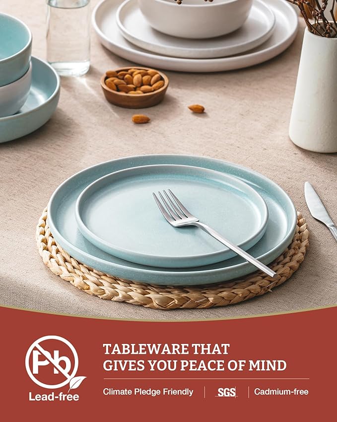 Famiware Milkyway Plates and Bowls Sets, 12 Pieces Dinnerware Sets, Reactive Glaze Dish Set, Stoneware Dishes Set for 4, Matte Beige White & Light Blue