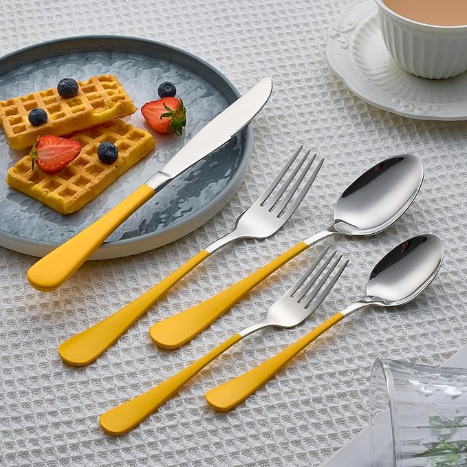 20 Piece Yellow 18/0 Flatware Utensil Set for 4, Include Dinner Knife,Dinner Forks,Dinner Spoons,Salad Forks,Teaspoons,Silverware Set for 4, Dishwasher Safe