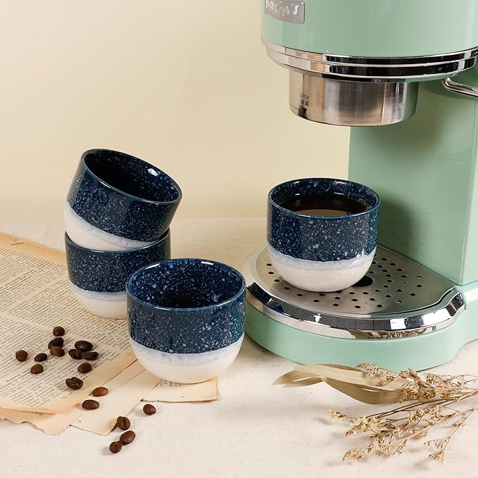 Ceramic Espresso Cups Set of 4, Double Walled Espresso Coffee Mugs for Nespresso Cups, Special glazed Demitasse Cups Coffee Cup for Machine (Blue)