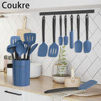 Coukre Silicone Kitchen Cooking Utensils Set with Holder – Heat-Resistant, Food-Grade Kitchen Tools, Spatula, Spoon & Gadgets for Non-Stick Pans, Dishwasher Safe (14, DarkBlue)