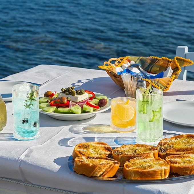 16oz Ribbed Glassware, Vintage Drinking Glasses Set of 4, Cocktail Glass Cups, Elegant Tom Collins Glasses, Highball Ribbed Glasses Ideal for Water, Iced Coffee, Juice, Beer, Milk