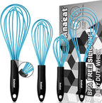 Anaeat Silicone Kitchen Whisk Set of 4, Perfect for Non-Stick Cookware, Milk and Egg Beater Blender for Whisking, Cooking, Baking, Beating - 11'' Flat Whisk and 8.5''+10.5''+12'' Balloon Whisks (Blue)