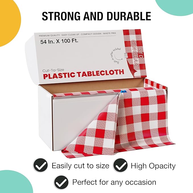 Exquisite Party Solids 54 Inch X 100 Feet Red Gingham Plastic Table Cover Roll in A Cut - to - Size Box with Convenient Slide Cutter. Cuts Up to 12 Rectangle 8 Feet Plastic Disposable Tablecloths