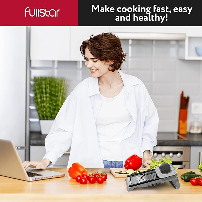 Fullstar Mandoline Slicer for Kitchen – Stainless Steel Vegetable Cutter & Cheese Grater with Adjustable Blades, Safety Glove & Catch Tray Included (7-in-1, Silver)