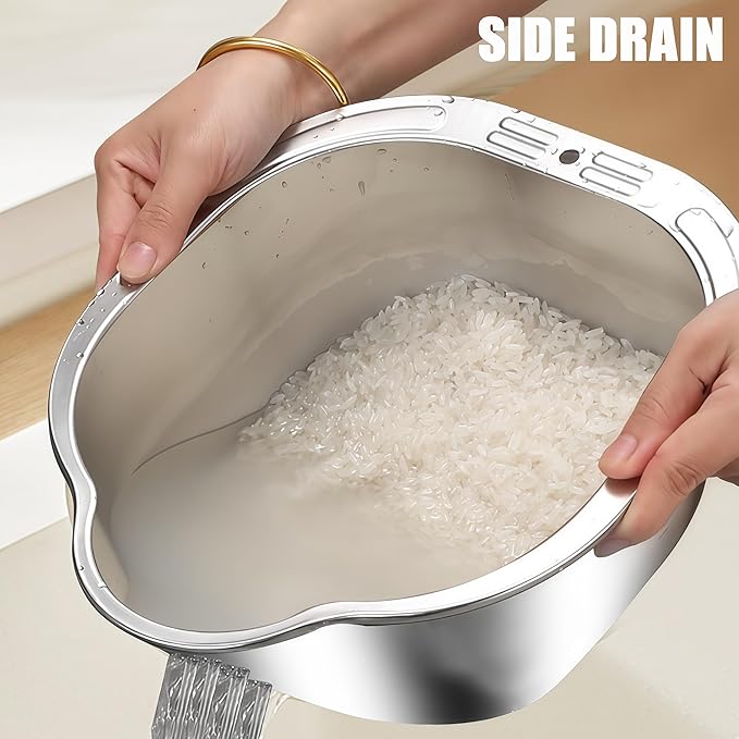 Rice Washer Strainer Bowl Stainless Steel Colander Quinoa Washing Bowl Versatile Square Side Drainers for Cleaning Rinsing Fruits, Vegetables, and Beans - Multifunctional Drain Basket
