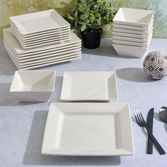 Gibson Home Zen Buffet Hard Square Porcelain Chip and Scratch Resistant Dinnerware Set, White, Service for 8 (24pcs)