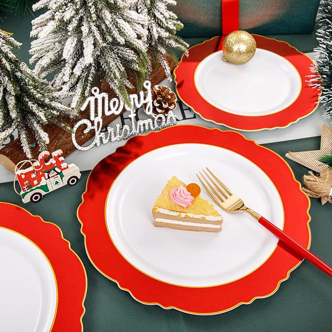 WDF 60pcs Red Plastic 4th of July Plates Gold Rim - 10.25inch Red Dinner Plates Disposable Plates Table Decor for 4th of July