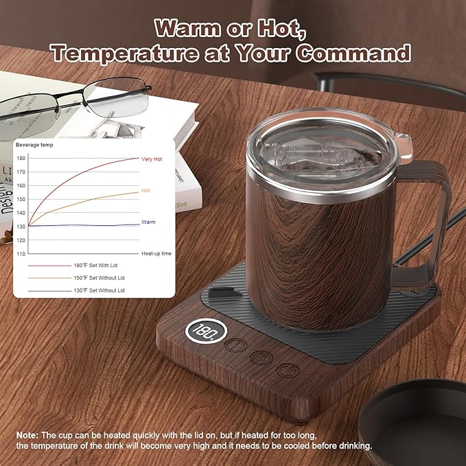 Coffee Mug Warmer & Mug Set for Desk, Electric Coffee Cup Warmer with 16oz Heated Mug, Smart Coffee Heater with Auto Shut Off for Office/Home, Christmas/Birthday/Coffee Gifts for Men & Women, Wood
