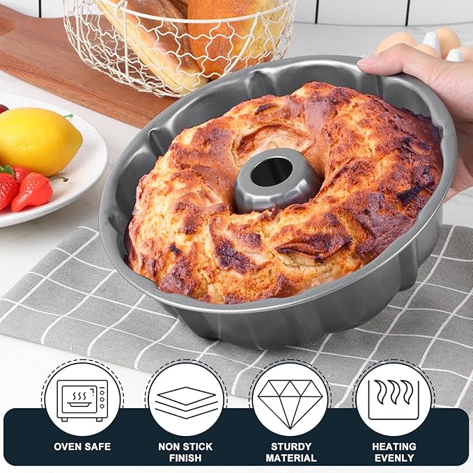 Homikit 10 Inch Nonstick Cake Pan, 10 Cups Heavy Duty Carbon Steel Fluted Tube Round Pans for Baking Meatloaf Jello Angel Food Cake Monkey Bread and More, Nonstick & Easy Release, Gray