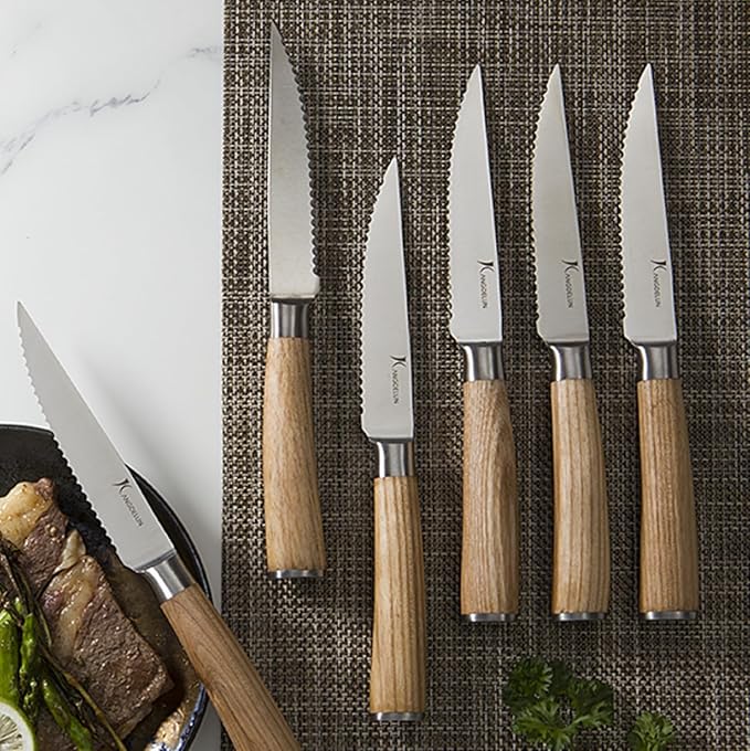 Natura Series 4.5” Serrated Steak Knife Set of 6, High Carbon Stainless Steel, Wooden Handle