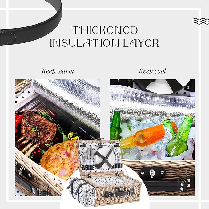 Picnic Basket Set for 4 with Waterproof Blanket Mat Insulation Bag Wicker Classic White Black Polka Dots Elegant Gift for Wedding Birthday Summer Camp Outdoor Camping Beach Travel Christmas