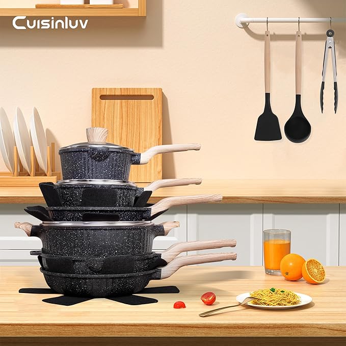 Pots and Pans Set Non Stick, 17Pcs Kitchen Cookware Sets, Granite Stone Induction Cookware Non Stick Cooking Set w/Frying Pans, Saucepans, Sauté Pan (PFOA Free), Black