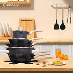 Pots and Pans Set Non Stick, 17Pcs Kitchen Cookware Sets, Granite Stone Induction Cookware Non Stick Cooking Set w/Frying Pans, Saucepans, Sauté Pan (PFOA Free), Black