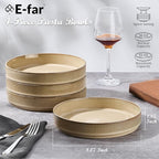 E-far Pasta Bowls Set of 4, 35oz Large Salad Bowl Plate for Dinner Serving, Wide & Shallow Ceramic Stoneware Pasta Plate, Microwave & Dishwasher Safe, Reactive Glaze Textured Stripe, Caramel Khaki