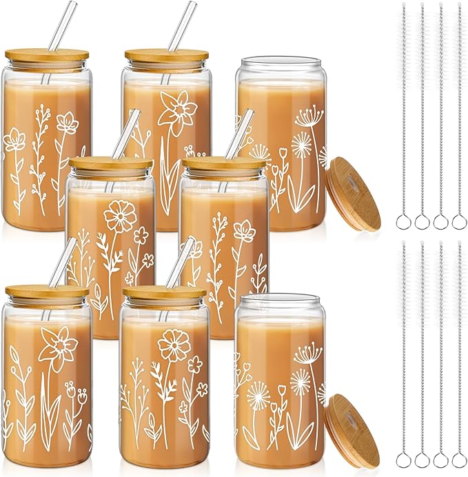 Mumufy 8 Pack Gift for Women Cute Glass Cup Tumbler Flower Iced Coffee Mugs 16 oz Glass with Bamboo Lid & Straw, Mothers Day Birthday Gift for Mom Sister Bridesmaid Baby Shower (Boho Floral)