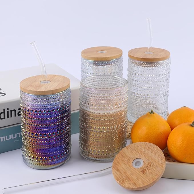 Vintage Drinking Glasses Set of 4 with Bamboo Lids, Textured Clear Striped Ribbed Glassware Set Cocktail Set Beaded Glass Cups Old Fashion Embossed Iced Coffee Cup for Beer, Beverage(16 oz), Rainbow