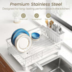 Dish Drying Rack - Small Dish Rack for Kitchen Counter, Stainless Steel Dish Drainer with Utensil Holder and Drainboard (White)