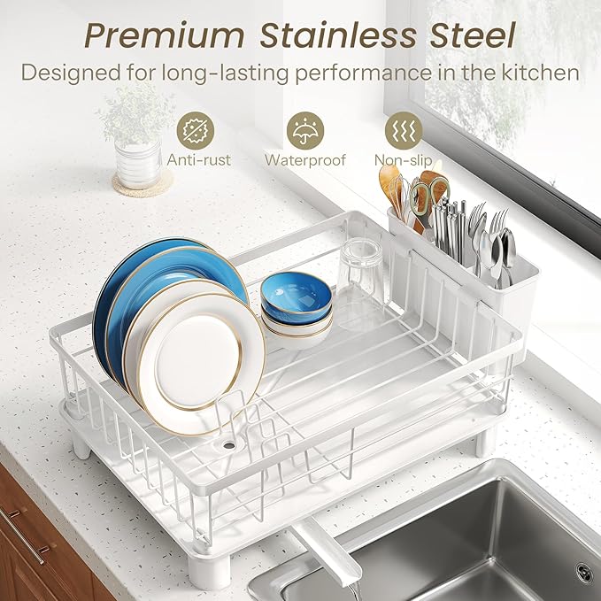 Dish Drying Rack - Small Dish Rack for Kitchen Counter, Stainless Steel Dish Drainer with Utensil Holder and Drainboard (White)